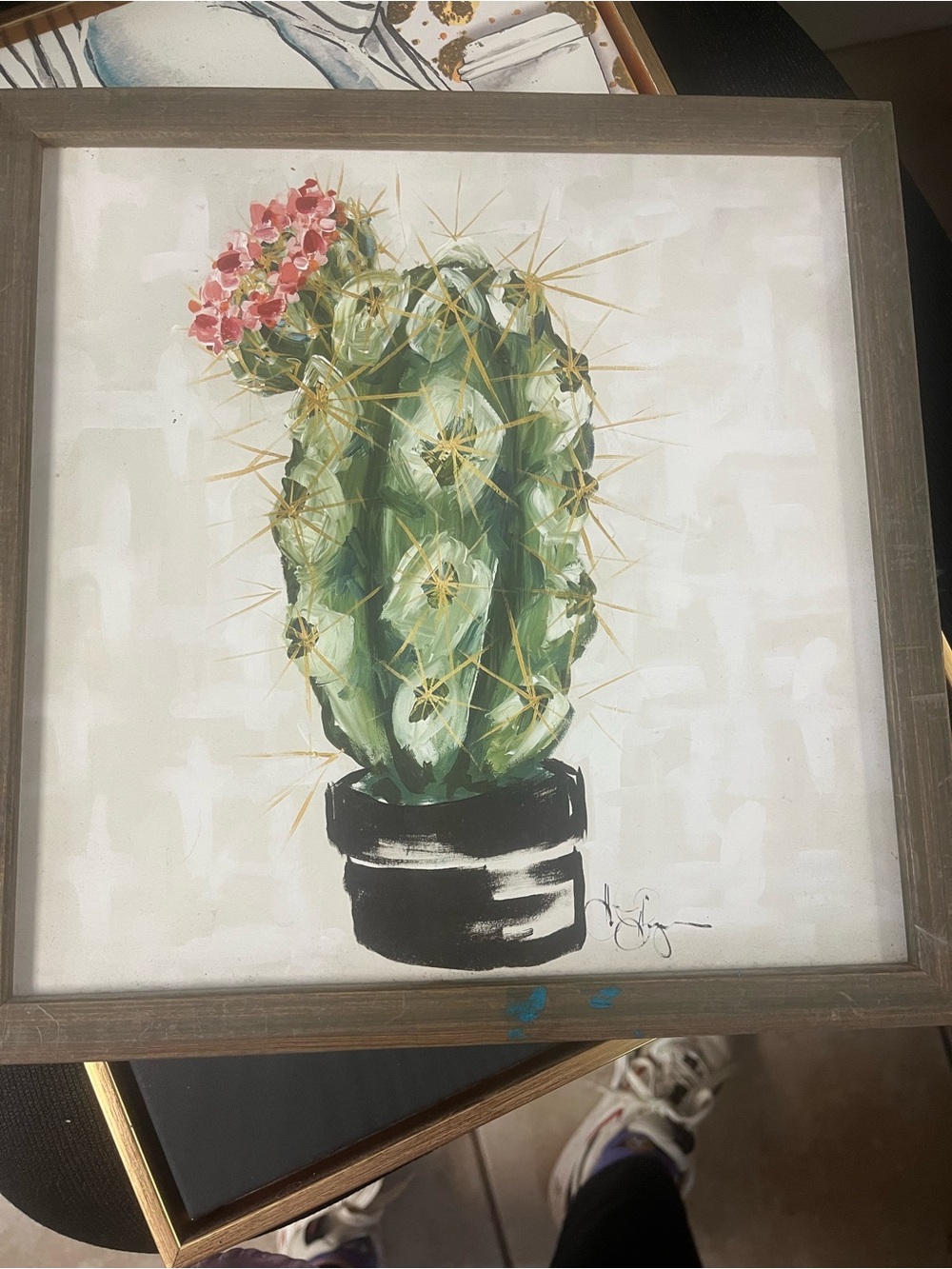 Green Cactus Wall Art Print with Pink Bloom - Unbranded